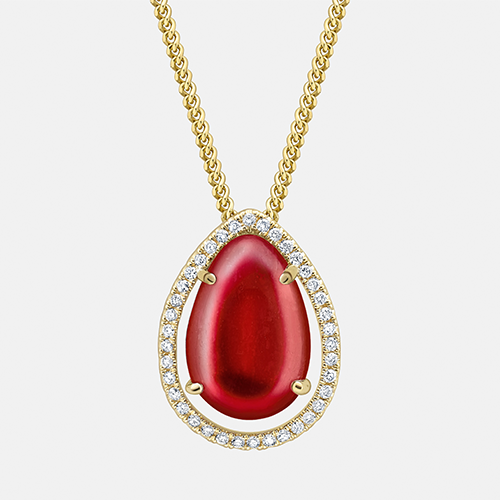 Pear-Shaped Ruby Pendant with 11.90ct ruby cabochon and a colourless diamond halo in 18k yellow gold