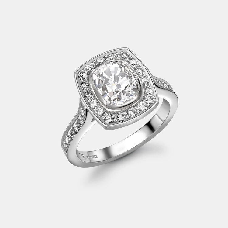 Cushion Shaped Diamond Engagement Ring with Diamond Halo in White Gold