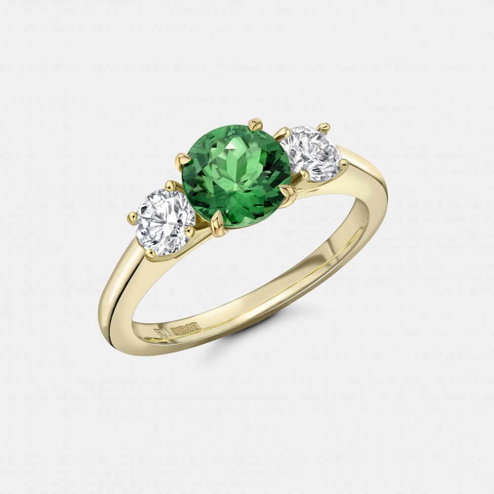 Yellow Gold, Green Tsavorite and Diamond Trilogy Ring